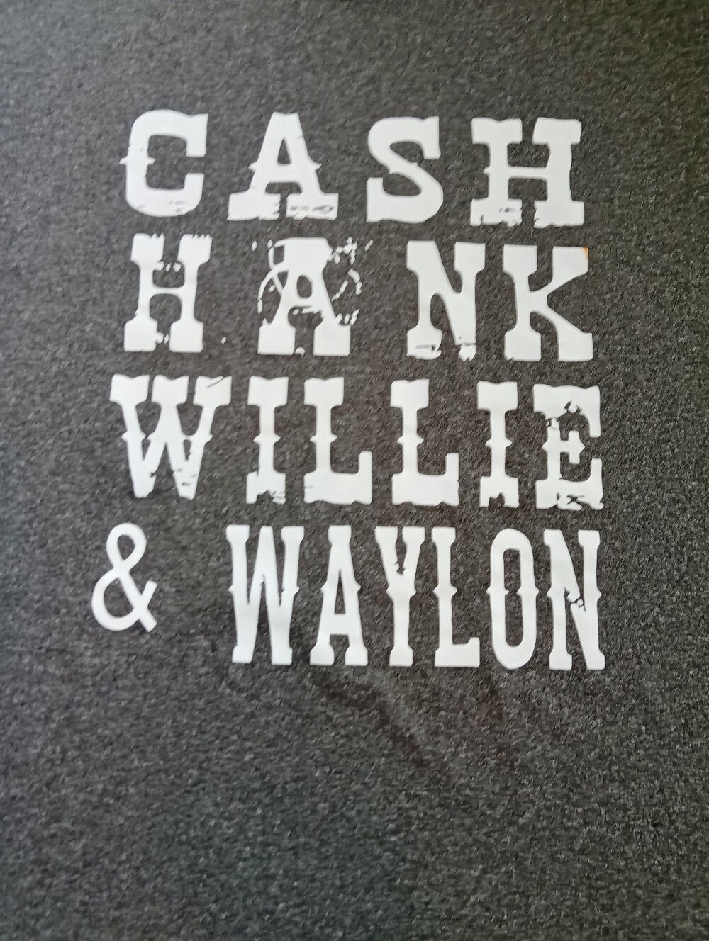 Cash Hank Willie & Waylon Dark Gray Tee with White Distressed Musician  Names - Picture 2 of 4